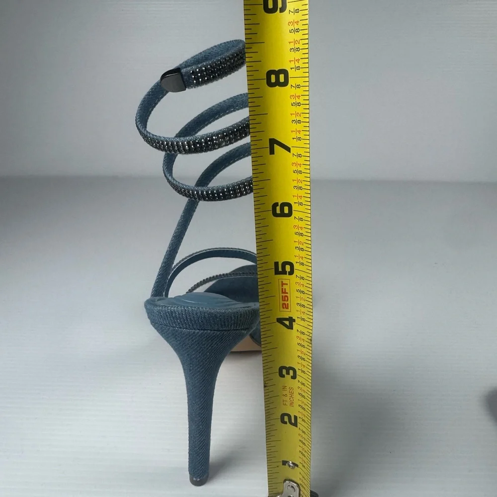 Azalea Wang Lowri Denim Sparkle Rhinestone Spiral Wrap Heels NWT - Picture 5 of 6